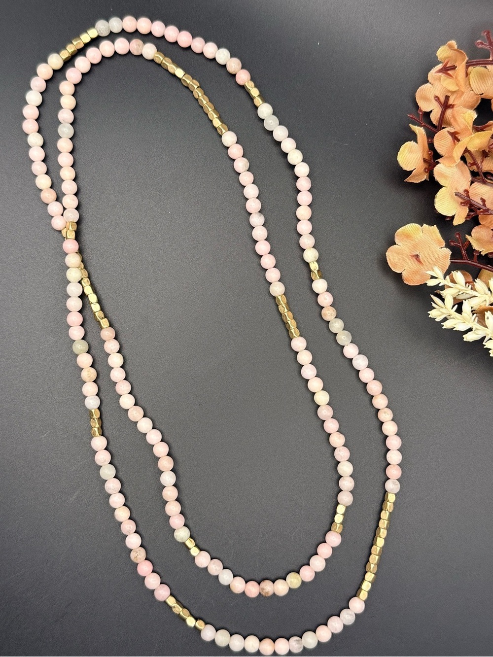 Delicate Rose Quartz Long Stretchy Necklace with Gold Accents